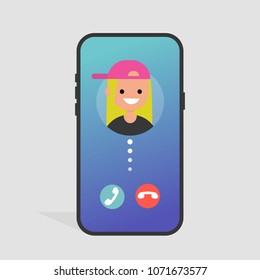 Incoming call. Accept or decline. Mobile phone screen. Gradient background. Millennial lifestyle. Flat editable vector illustration, clip art