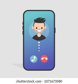 Incoming call. Accept or decline. Mobile phone screen. Gradient background. Millennial lifestyle. Flat editable vector illustration, clip art