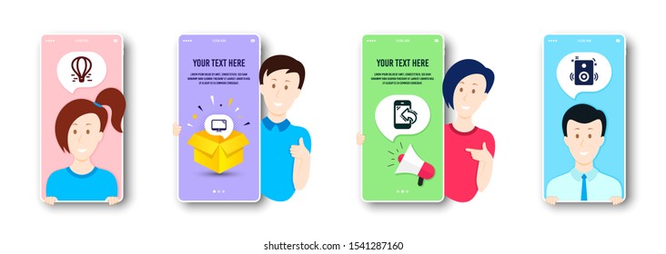 Incoming call, Air balloon and Computer icons simple set. People on phone screen. Speakers sign. Phone support, Flight travel, Pc component. Sound. Technology set. Vector