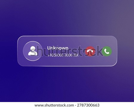 Incoming call appearing on a glassmorphism interface, displaying an unknown contact and scam phone number with options to accept or decline, digital communication concept