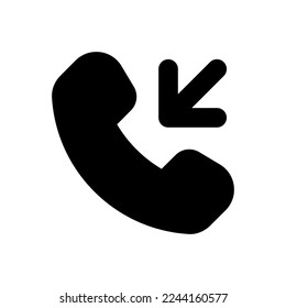 Incoming call black glyph ui icon. Answer button. Arrow pointing to cellphone. User interface design. Silhouette symbol on white space. Solid pictogram for web, mobile. Isolated vector illustration