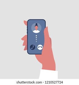 Incoming call. Brunette girl. Mobile phone screen. Millennial lifestyle. Flat editable vector illustration, clip art