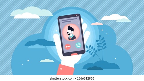 Incoming call concept flat tiny person vector illustration. Hand holding phone to pick up conversation. Mobile screen with male contact profile avatar. Colleague or boss work or private communication.