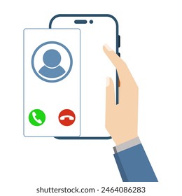 Incoming call concept. phone with incoming call screen. Hand holding mobile phone, finger touch screen. Accept or reject call concept. Modern concept. Flat design vector illustration.