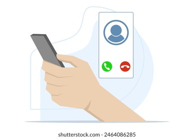 Incoming call concept. phone with incoming call screen. Hand holding mobile phone, finger touch screen. Accept or reject call concept. Modern concept. Flat design vector illustration.