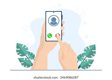 Incoming call concept. phone with incoming call screen. Hand holding mobile phone, finger touch screen. Accept or reject call concept. Modern concept. Flat design vector illustration.