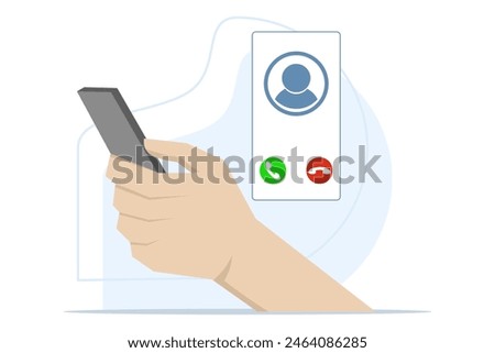 Incoming call concept. phone with incoming call screen. Hand holding mobile phone, finger touch screen. Accept or reject call concept. Modern concept. Flat design vector illustration.