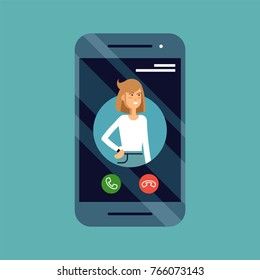 Incoming call concept vector illustration with mobile phone with female caller ID on screen and accept or decline buttons