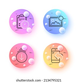 Incoming call, Exam time and Scroll down minimal line icons. 3d spheres or balls buttons. Remove image icons. For web, application, printing. Phone support, Checklist, Swipe screen. Vector