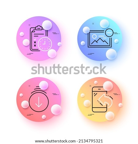 Incoming call, Exam time and Scroll down minimal line icons. 3d spheres or balls buttons. Remove image icons. For web, application, printing. Phone support, Checklist, Swipe screen. Vector