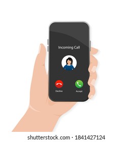 Incoming call in flat style. Perspective vector. Accept button, decline button. Black background. Vector flat design. Call screen mockup.