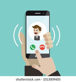 Incoming call. Human hand holding cellphone. Smartphone with call screen with man. Ready for answer concept. Modern flat design graphic elements and objects for business. Vector illustration