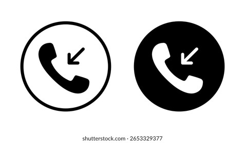 Incoming call icon in black circle. Mobile phone communication sign symbol