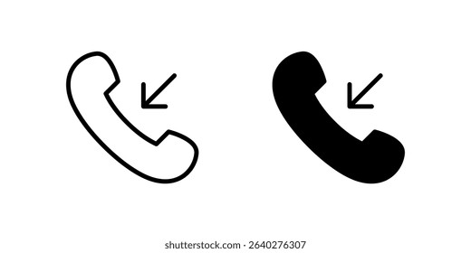 Incoming Call Icon Set. A black icon of an incoming call arrow, representing received communication.