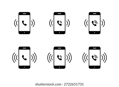 Icono de llamada entrante configurado en la pantalla del teléfono inteligente. Símbolo de vibración del teléfono y del teléfono celular