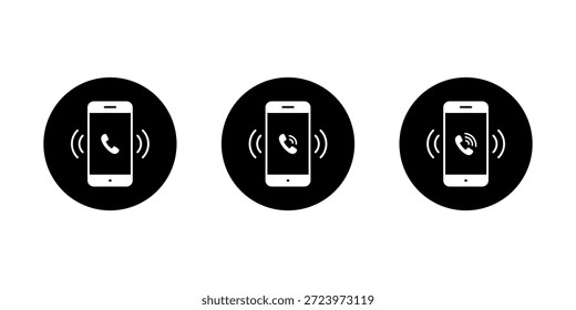 Icono de llamada entrante configurado en la pantalla del teléfono inteligente. Símbolo de vibración del teléfono y del teléfono celular que suena en círculo negro