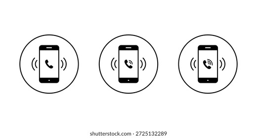 Icono de llamada entrante configurado en la pantalla del teléfono inteligente. Símbolo de vibración del teléfono y del teléfono celular que suena en contorno circular