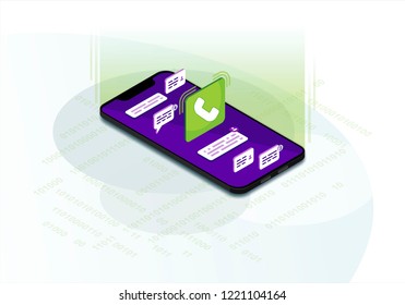 Incoming call isometric vector illustration. Using smartphone. Messages and calls manager. Mobile communication infographic. Chatting 3d concept. Mobile app design