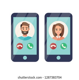 Incoming call from the man on mobile phone. Set of Smartphones with woman and man on display. Vector illustration isolated from white background