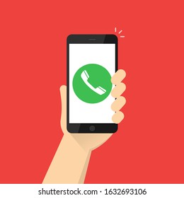 incoming call to a mobile phone. handset icon on a smartphone screen. phone in hand. stock vector illustration isolated on red background.10 eps.