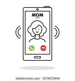 Incoming call from mom. Female happy face on a mobile smart phone screen icon. Isolated lined vector illustration. Doodle female. Family care and connection concept. Talking symbol.