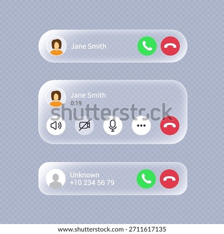 Incoming call notification mockup on transparent background. Liquid glass call screen interface, push notification button. Audio call screen mockup with sound button, message and mic icons, vector.