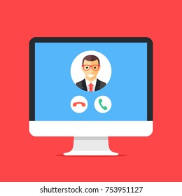 Incoming call on computer screen. Calling service. Desktop computer and telecommunication software. VoIP, IP telephony. Modern concepts for web banners, web sites, etc. Flat design vector illustration