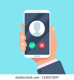 Incoming call on mobile phone. Calling on smartphone with telephone caller avatar, contact photo on friends income ringing phones screen, holding cellphone and talking flat vector illustration