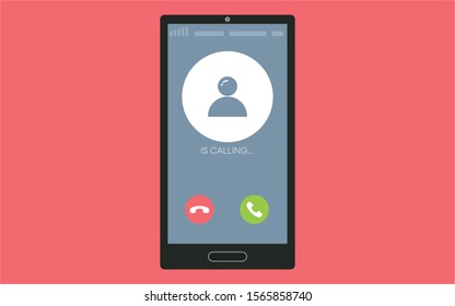 Incoming call on mobile phone. Default photo on ringing phones screen. Calling display with contact info and buttons vector cell conversation income pick flat services concept