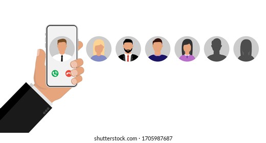 
Incoming call on mobile phone. The hand holds the smartphone incoming call on screen. Calling on smartphone with caller avatar. Vector illustration