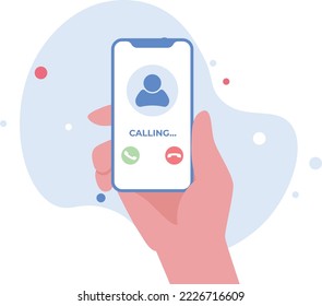 Incoming call on mobile phone. Hand holding smartphone with incoming phone call screen. Vector illustration