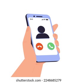 Incoming call on mobile phone. Hand holding smartphone with answer and decline buttons on screen. Finger clicking to accept on telephone display. Flat vector illustration isolated on white background