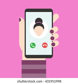 Incoming call on the phone which is in the hand. Hand holds phone, finger touch screen. Calling service. Flat design vector illustration