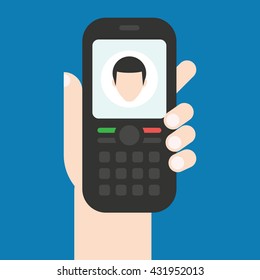 Incoming call on the phone which is in the hand. Hand holds phone, finger touch screen. Calling service. Flat design vector illustration
