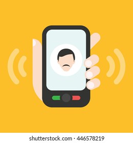 Incoming call on smart phone screen. Calling service. Hand holds smartphone. It is easy to modify 