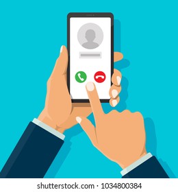 Incoming call on smartphone with people icon on screen display. Calling service. Businessman hand holding phone finger touch on screen. Modern flat design for banners, web sites. Vector illustration.