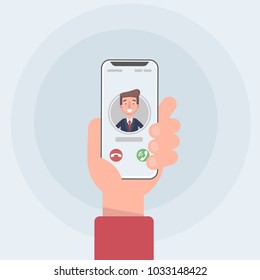 Incoming call on smartphone screen. Flat design vector illustration. Calling service. Modern concept for web banners, web sites, infographics. Creative flat design vector illustration. 