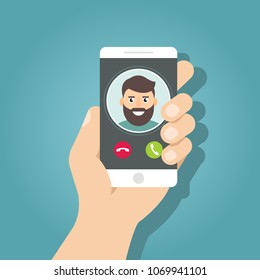 Incoming call on smartphone screen. Flat design vector illustration.