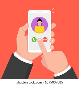 Incoming call on smartphone screen. One hand holds smartphone and finger touch screen. Female avatar.  Vector illustration.