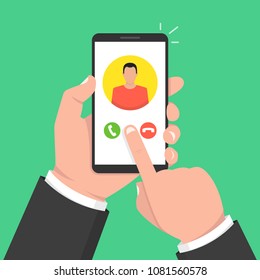 Incoming call on smartphone screen. One hand holds smartphone and finger touch screen. Male avatar. Vector illustration.