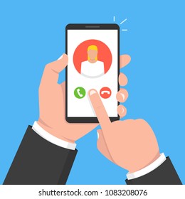 Incoming call on smartphone screen. One hand holds smartphone and finger touch screen. Female avatar.  Vector illustration.
