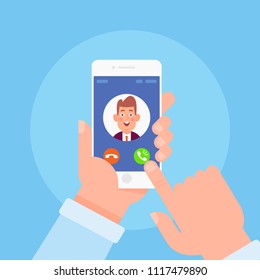 Incoming call on smartphone screen.  Flat vector illustration.