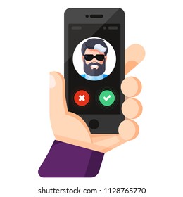 Incoming call on smartphone screen. Call from man. Human hand holding mobile phone and looking at the screen.  Flat cartoon vector illustration. Video call.