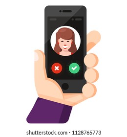 Incoming call on smartphone screen. Call from girl. Human hand holding mobile phone and looking at the screen.  Flat cartoon vector illustration. Video call.