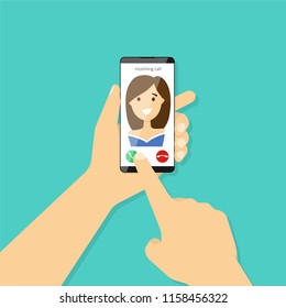 Incoming call on smartphone screen. Hand holding smartphone. Vector illustration flat design