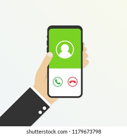 Incoming call on smartphone screen. Calling service. Hand holds smartphone, finger touch screen. Vector stock illustration.