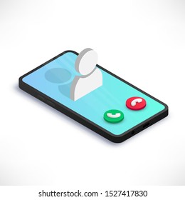 Incoming call on smartphone screen isometric concept isolated on white background. 3d mobile phone with call screen, user icon and buttons. Vector illustration for web, infographics, design, apps