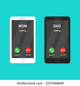 Incoming Call On Smartphone Screen. Incoming Calls From Mom And Dad. Flat Design Vector Illustration. Calling Service. Modern Concept For Web Banners, Web Sites, Infographics.