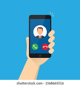 
Incoming call on the smartphone screen with the image of the caller. Phone in a human hand. Vector illustration Isolated on blue background. 10 eps