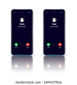 Incoming Call On Smartphone Screen. Incoming Calls From Mom And Dad. Flat Design Vector Illustration. Modern Concept For Web Banners, Web Sites. Calling Service.